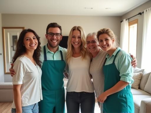 Our Birmingham cleaning team with a happy family after a home service